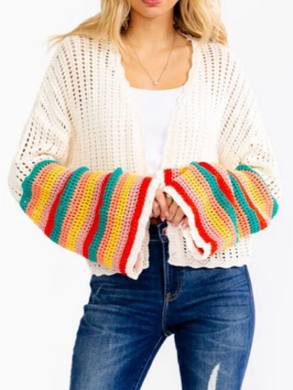 Boho NWT Crochet Open-Front Cardigan Sweater with Multicolor Sleeves S-M-L